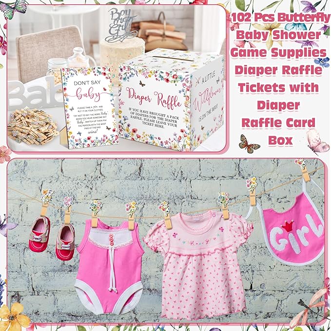 102 Pcs Baby Shower Game Supplies Diaper Raffle Tickets with Diaper Raffle Card Box Don't Say Baby Sign Mini Clothespin Baby Shower Game Decor for Baby Shower Gender Reveal(Wildflower)
