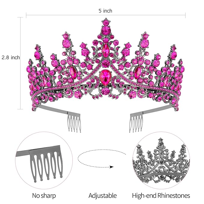 VELSCRUN Rose Pink Crystal Birthday Queen Tiara Crown for Women Girls Birthday Queen Headband Sash Elegant Princess Crown with Combs Mom Birth Hair Accessories Happy Birth Party Decorations