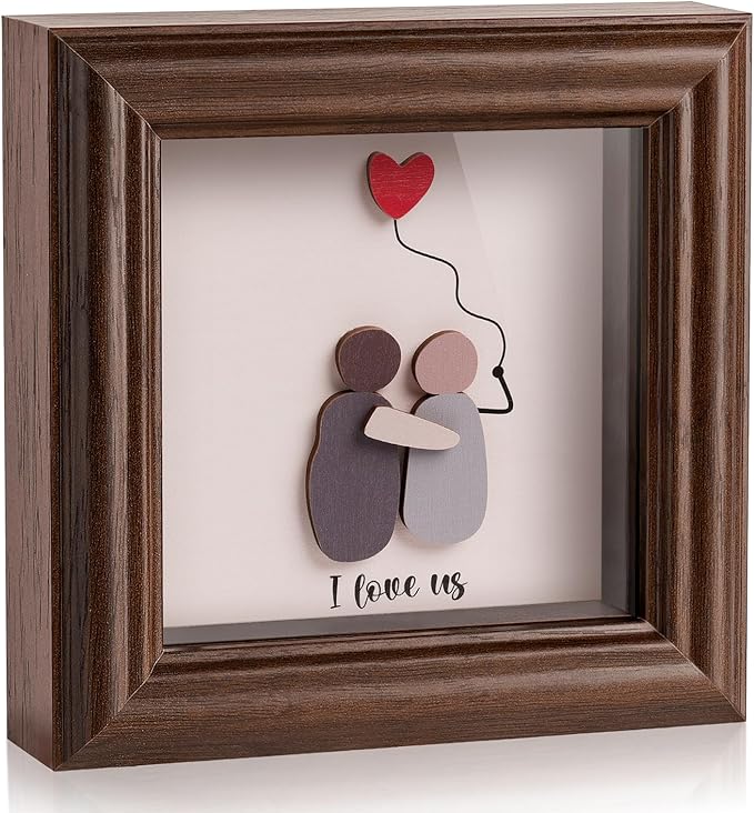Valentine’s Day Gifts Shadow Box Frame – I Love Us Gifts for Her Him, Cute Couple Gift, 3D Wooden Love Picture Frame, Anniversary Christmas Birthday Gift for Boyfriend Girlfriend Wife Husband (Brown)