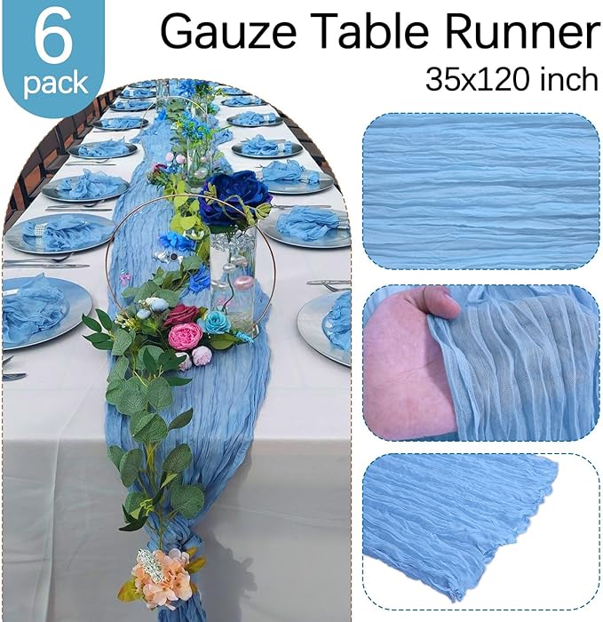 6 Pack Baby Blue Cheesecloth Table Runner 10FT Boho Gauze Fabric Table Runner 35 x 120 Inch Rustic Sheer Runner for Centerpiece Wedding Decor Baby Shower Party Boho Table Decoration