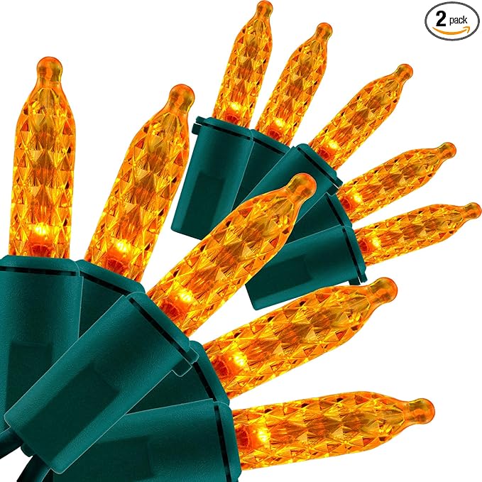 YULETIME Orange Faceted LED Christmas Lights 200 Count 50 ft, Pack of 2 Strands 25 ft 100 Lights UL Certified Halloween String Light Set (Orange)