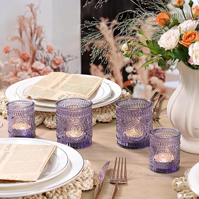 Volens 20pcs Assorted Purple Votive Candle Holders Bulk, Large Glass Votive & Tea Light Candle Holder for Wedding Table Centerpieces, Purple Party Decorations, and Home Decor