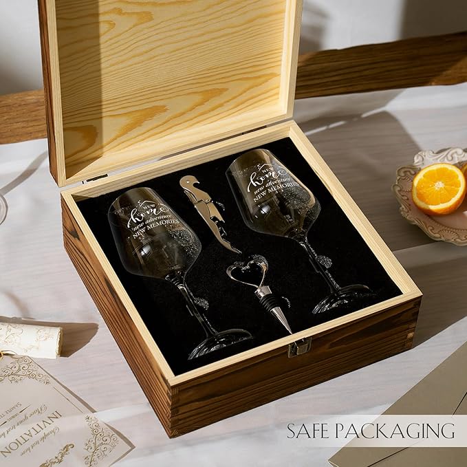 AW BRIDAL House Warming Gifts New Home Wine Glasses Sets, 2025 Closing Gifts for Home Buyers and Homeowner, New Apartment Gift Basket for Couple, First House Gift with Wooden Keepsake Box