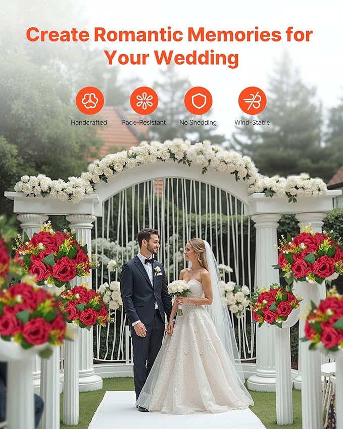 VEVOR Flower Balls Arrangement Bouquet 10 PCS, 9.5-Inch Wedding Red Roses Centerpieces, Fake Flowers Kissing Balls Decor Artificial Floral Arrangements Flower Bouquet for Home Party Table Decorations