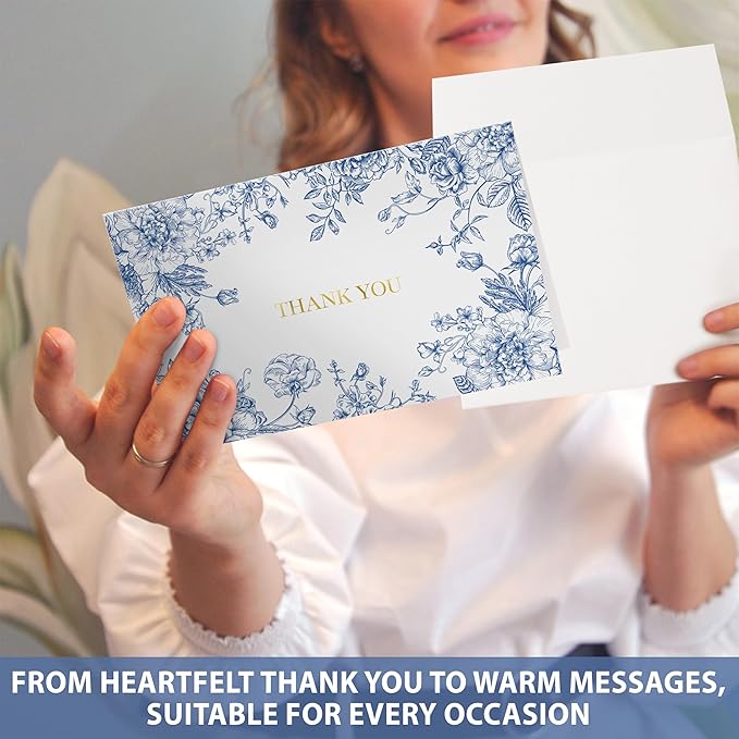 AUDREE 50 Gold Foil Thank You Cards with Envelopes (4x6) - Elegant Blue Floral Thank You Cards with Matching Adhesive Envelopes - Perfect for Wedding, Bridal Showers, Baby Showers, All Occasion