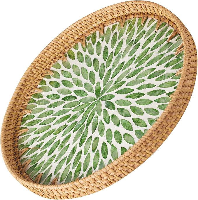Round Rattan Serving Tray - Natural Handmade Woven Basket Trays with Mother of Pearl Inlay with Wooden Base Decorative Wicker Basket for Table Decor, Home Storage Display of Bread, Coffee, Fruit