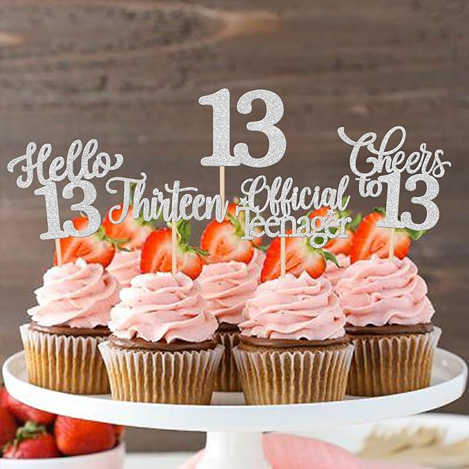 30PCS Happy 13th Birthday Cupcake Toppers Glitter Thirteen Official Teenager Hello 13 Cupcake Picks Cheers to 13 Birthday Decorations for 13th Birthday Anniversary Party Cake Decor Supplies Silver