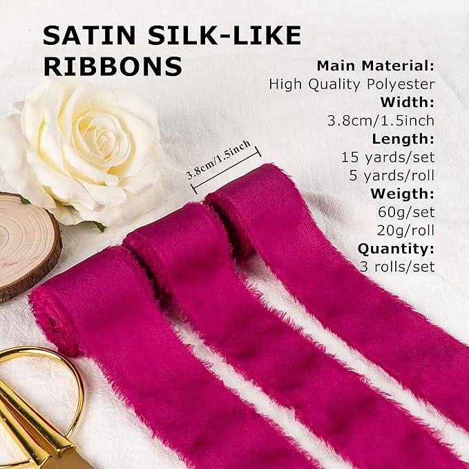 Satin Silk Ribbon, Hot Pink Ribbon for Wrapping, 1-1/2 inch x 15 Yd Handmade Frayed Fringe Ribbons, for Valentine's Day, Wedding Engagement Anniversary Shower Bouquets Invitation, 3 Rolls