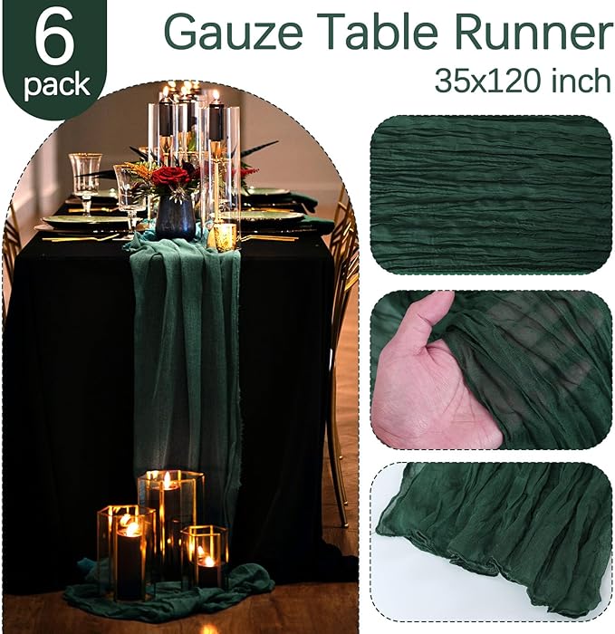 6 Pack Christmas Table Runner Emerald Green Cheesecloth Table Runner 10FT Boho Gauze Fabric 35 x 120 Inch Rustic Runner for Centerpiece Wedding Decor Baby Shower Party Table Decoration
