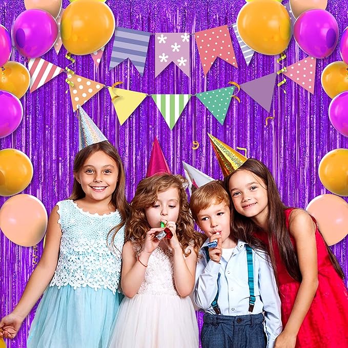 3 Pack Purple Foil Fringe Curtains Backdrop, 3.28 x 8.2 Ft Metallic Streamers Tinsel Curtains Background for Photo Booth, Birthday, Christmas, Halloween, Thanksgiving, New Year Party Decorations