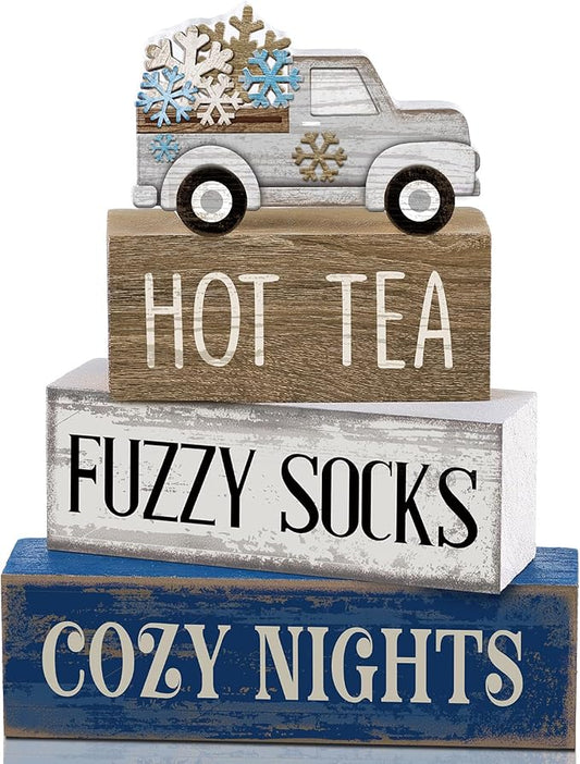 4 Pcs Christmas Table Decorations Wooden Snowflake Truck Decor Winter Tiered Tray Decor Christmas Centerpiece Rustic Decorative Truck Block Sign Gift Farmhouse for Home Kitchen Shelf