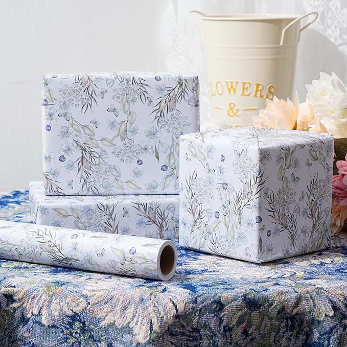 ZINTBIAL Floral Wrapping Paper Roll - Light Blue Watercolor Flowers and Butterfly Design, 17 Inches x 16.5 Feet, Gift Wrap for Wedding, Bridal Shower, Birthday, with Cut Lines on Back