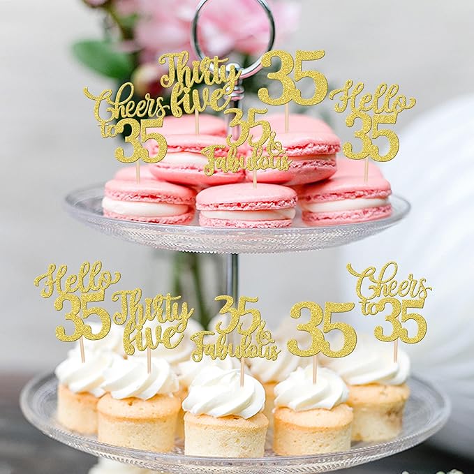30PCS Happy 35th Birthday Cupcake Toppers Glitter Hello 35 Fabulous Thirty Five Cheers to 35 Years Old Birthday Cupcake Picks for Happy 35th Birthday Anniversary Party Cake Decor Supplies Gold