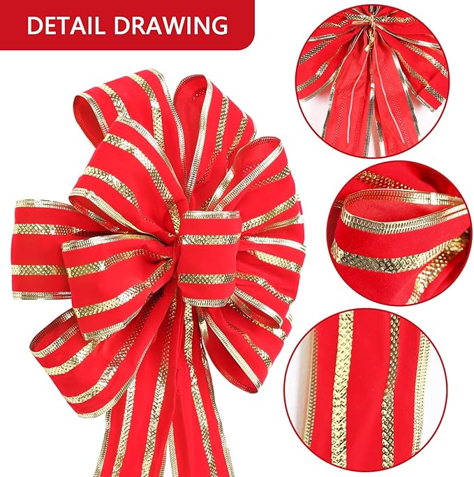 RoseCraft 2PCS Red/Gold Christmas Bow, 9”x13” Large Velvet Christmas Tree Topper Bow Ornaments for Home Xmas Tree Wreath Fence Stairs Railing Fireplace Indoor Outdoor Front Door Party Decoration.