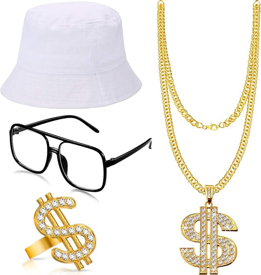 Gejoy Hip Hop Costume Kit 80s 90s Rapper Accessories Outfit for Men Women Sunglass Hat Chain Ring Halloween Party Decoration