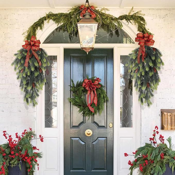 RECUTMS Artificial Christmas Teardrop Artificial Pine Branches with Pine Cones Green Plants Pines Needles Fake Hanging Plants Outdoors DIY Accessories for Christmas Home Garden Decor(Light Green)