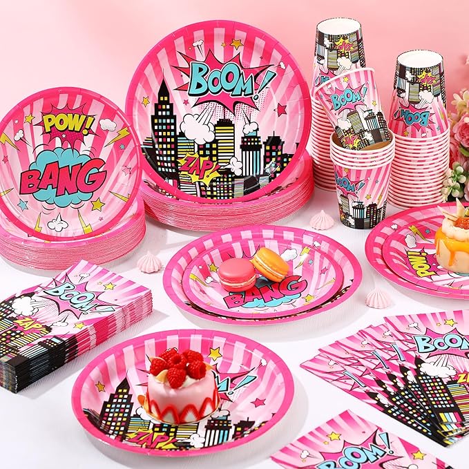 250 Pcs Girl Hero Birthday Decoration Pink Comic Girl Hero Paper Plates Napkins and Cups Power Halloween Theme Party Tableware for Birthday Baby Shower Party Supplies, Serves 50
