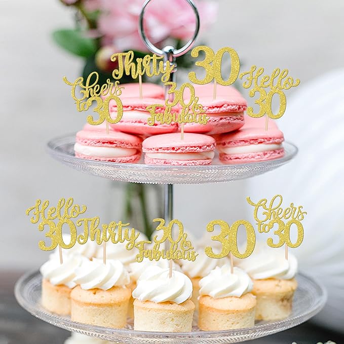 30PCS Happy 30th Birthday Cupcake Toppers Glitter Thirty Cheers to 30 Years Old Birthday Cupcake Picks Hello 30 Fabulous Cake Decorations for Happy 30th Birthday Anniversary Party Supplies Gold