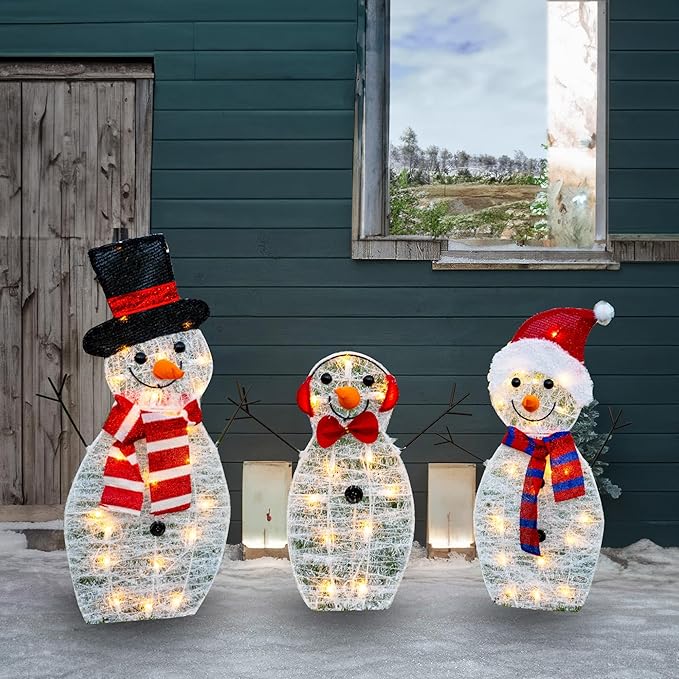 Dazzle Bright Christmas Lighted Snowman Family Outdoor Decoration, 55 L 3-Piece Waterproof Plug in 2D Snowman for Yard Patio Lawn Garden Party Decor 20.5X9X29.5Inch-Large (Warm White)