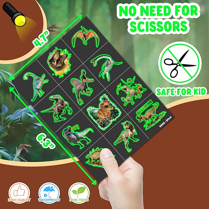 96 PCS Dinosaur 3D Pre-Cut Luminous Glow in the dark Temporary Tattoos for Kids | Super Cute Themed Birthday Party Favors, Supplies, Decorations, Funny Jungle Fake Tattoo Stickers Gifts for Boys Girls