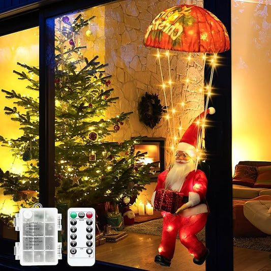 Xmas Santa Claus Parachute Lights - 105 LED 8 Modes 3AA Battery Operated, Warm White Hanging Christmas Decorative Lights for Indoor Outdoor Porch Garden Party Yard