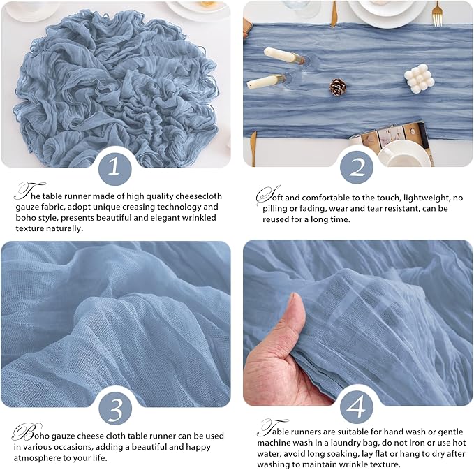 10 Pack Dusty Blue Table Runner 120 Inch Cheesecloth Table Runner 10FT Boho Gauze Table Runner Long Cheese Cloth Table Runner Semi Sheer Runners for Wedding Bridal Baby Shower Party