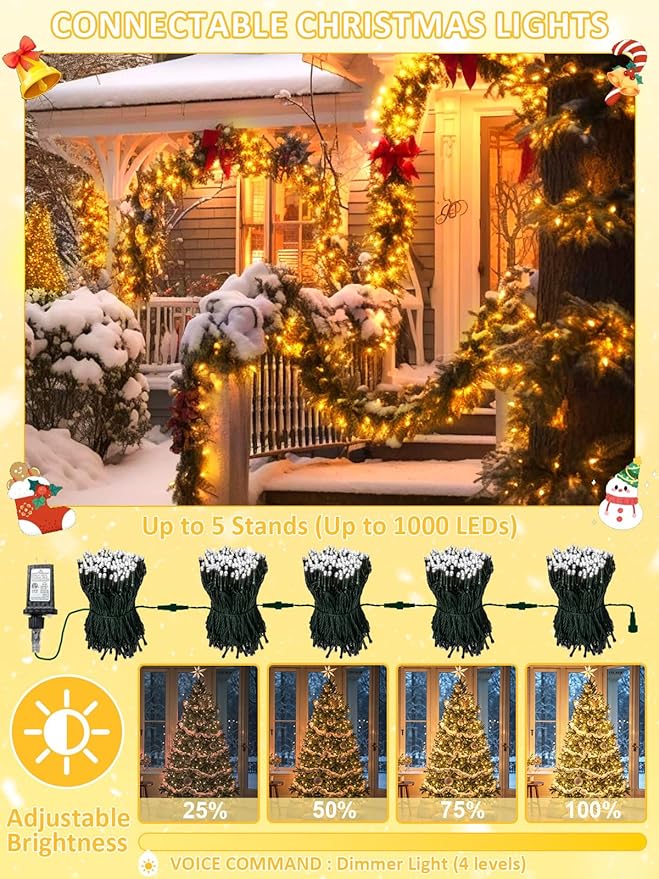 Voice Controlled Christmas Lights Outdoor, 75.8ft 200 LED Extendable Twinkle String Lights with 7 Voice Commands, 12 Modes & Timer, Waterproof Christmas Tree Lights for Party Garden (Warm White)