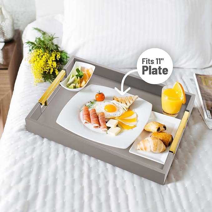 Leather Serving Tray with Gold Polished Metal Handles, Home Decorative Wooden Rectangle Ottoman Decor Platter Bathroom Vanity Tray for All Occasions Grey