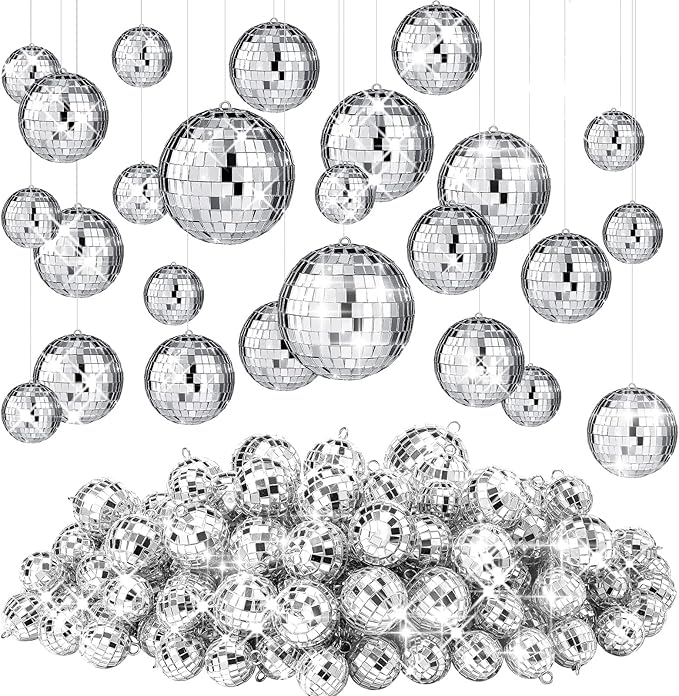 Funtery 100 Pcs Mirror Disco Balls Bulk Assorted Silver Hanging Disco Ball Decor for Home Wedding Birthday Dance Music 70 S Theme Party Christmas Tree Ornaments(1.2'', 2'', 3.2'', 4'')