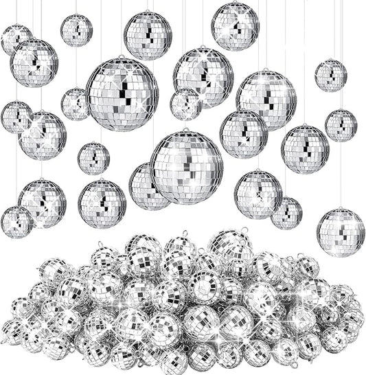 Funtery 100 Pcs Mirror Disco Balls Bulk Assorted Silver Hanging Disco Ball Decor for Home Wedding Birthday Dance Music 70 S Theme Party Christmas Tree Ornaments(1.2'', 2'', 3.2'', 4'')