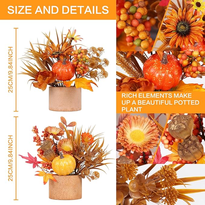 2PCS Fall Decor, Artificial Maple Leaves Pumpkin Berry Table Decorations, for Home Autumn Harvest Halloween Thanksgiving Holiday Party Table Centerpieces Fireplace Decor.