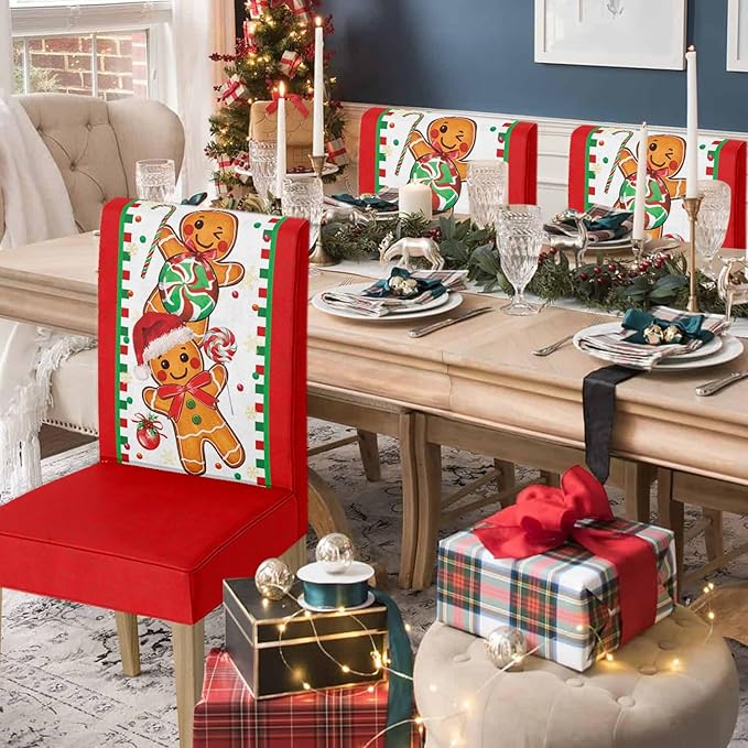 Horaldaily 4PCS Christmas Dining Chair Covers, Gingerbread Man Candy Cane Stretch Removable Washable Slipcover Chair Protector for Dining Room Home Decor