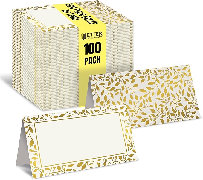 Better Office Products 100 Pack Place Cards, 2 x 3.5 in, White with Metallic Gold Leaf Foil Border, Folded Table Tent Cards for Weddings, Dinner Parties, Buffet Banquets,(100 Count)