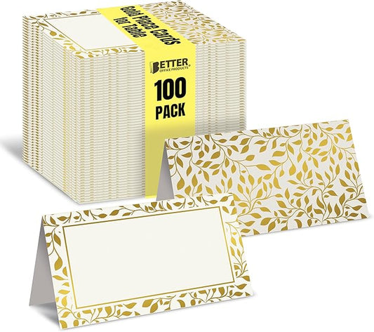 Better Office Products 100 Pack Place Cards, 2 x 3.5 in, White with Metallic Gold Leaf Foil Border, Folded Table Tent Cards for Weddings, Dinner Parties, Buffet Banquets,(100 Count)