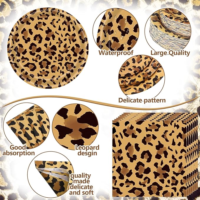 250 Pcs Leopard Print Plates Napkins and Cups Cheetah Print Party Decoration Tableware Safari Animal Leopard for Birthday Baby Shower Party Favors Jungle Theme Supplies Serve 50 Guests