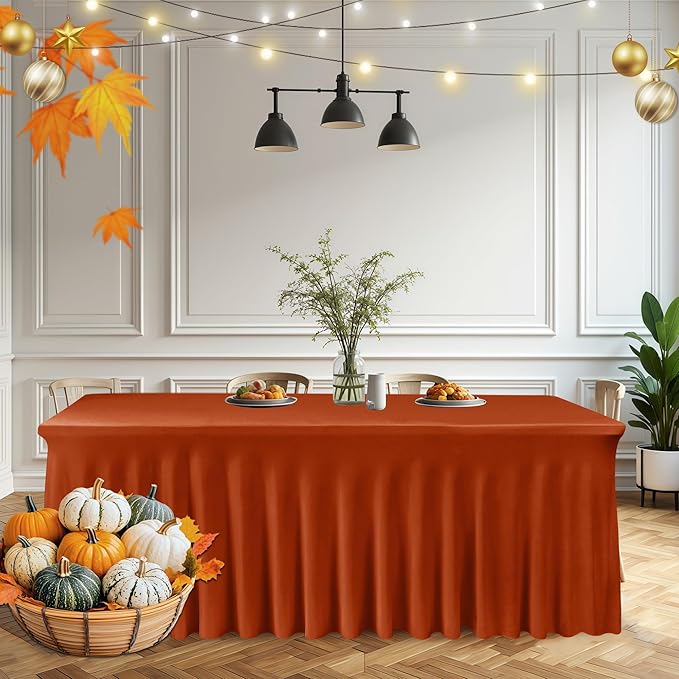 HolidayIdeas 2 Pack Spandex Table Skirts for 6 Foot Rectangle Table, Fitted Stretch 30x72 Inch Cover for Thanksgiving Decorations, Vendor Events, Rust