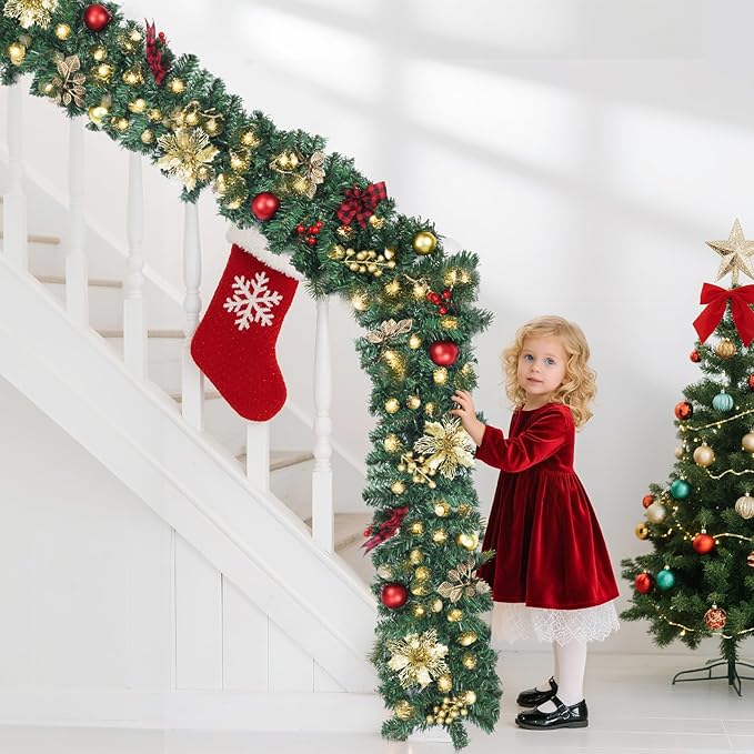 9FT Christmas Garland with Lights, Pre-Lit Garland for Christmas Decorations with, Bows, Berries, Balls, Flowers, Leaves, 50 LED Lights，Battery Powered Outdoor Indoor Christma Decorations