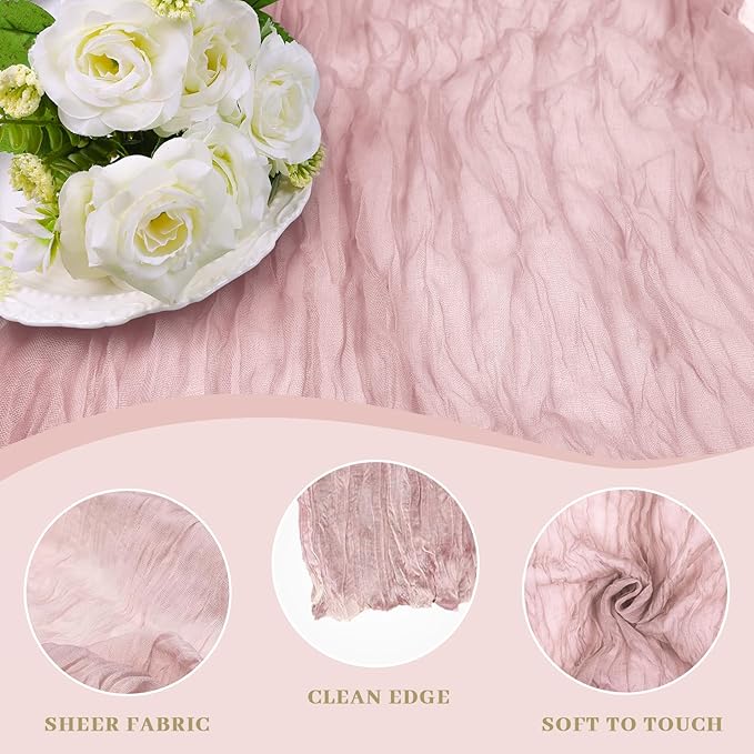 Le courant 12pcs 10Ft Cheesecloth Table Runner, Rustic Boho Gauze Cheese Cloth Runner Table Runner for Weddings Bridal Baby Shower Birthday Holiday Parties Home Decor, Dusty Pink