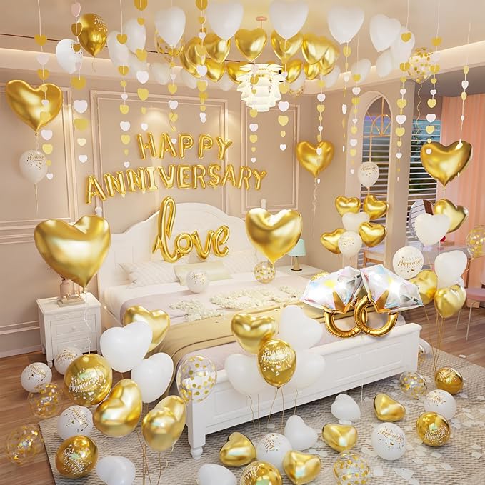 Gold and White Anniversary Decorations Valentines Day Decorations,Gold and White Valentines Day Balloons with Happy Anniversary Banner Heart Balloons Heart Rose Petals for Valentines Decorations