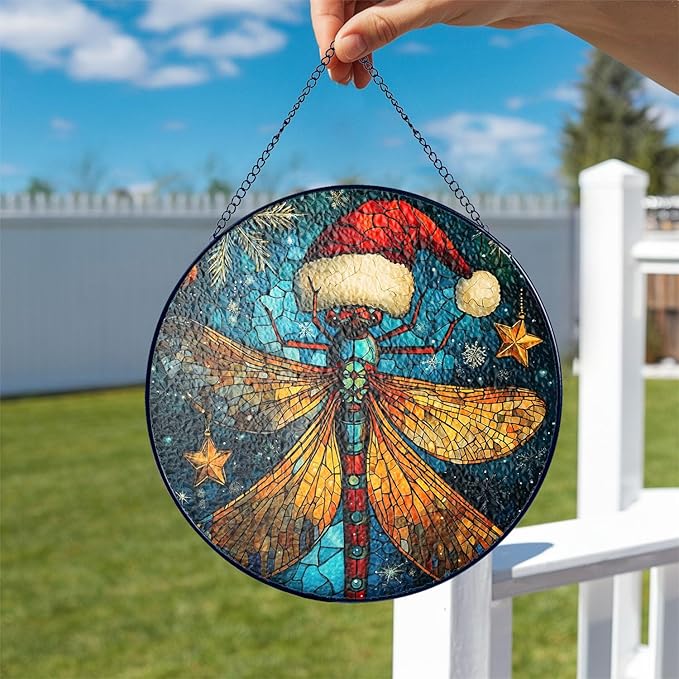 Damselfly Dragonfly Stained Glass Window Hanging Decor - Damselfly Dragonfly Christmas Hanging Ornament - Damselfly Dragonfly Christmas Decor - Wall Decor for Indoor Outdoor - Xmas Gift for Home Decor
