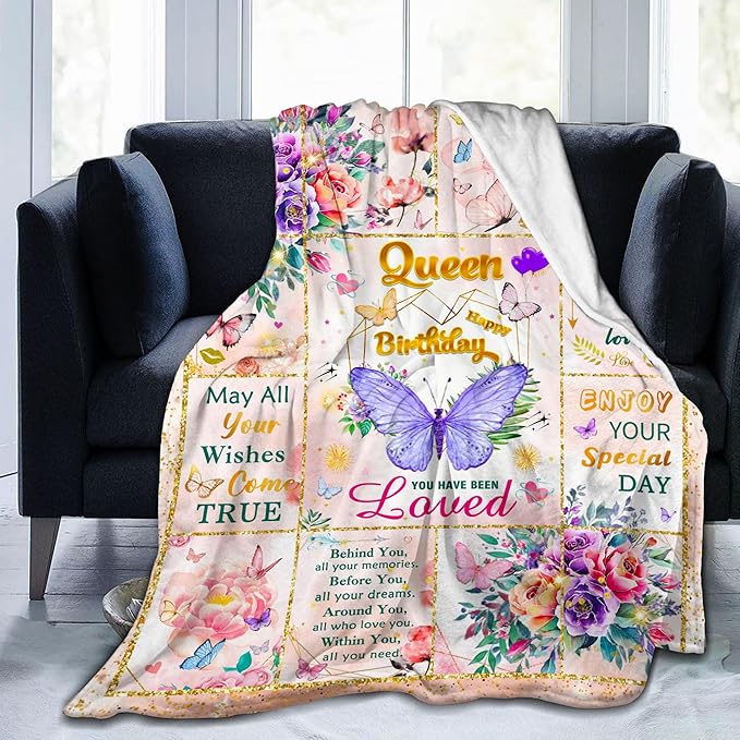 Happy Birthday Gifts for Women, Super Soft Funny Purple Butterfly Flower Bday Decorations Blanket 60"x50" for Women Mom, Birthday Gifts for Girls, Warm Plush Fleece Flannel Blanket for Couch Bedding