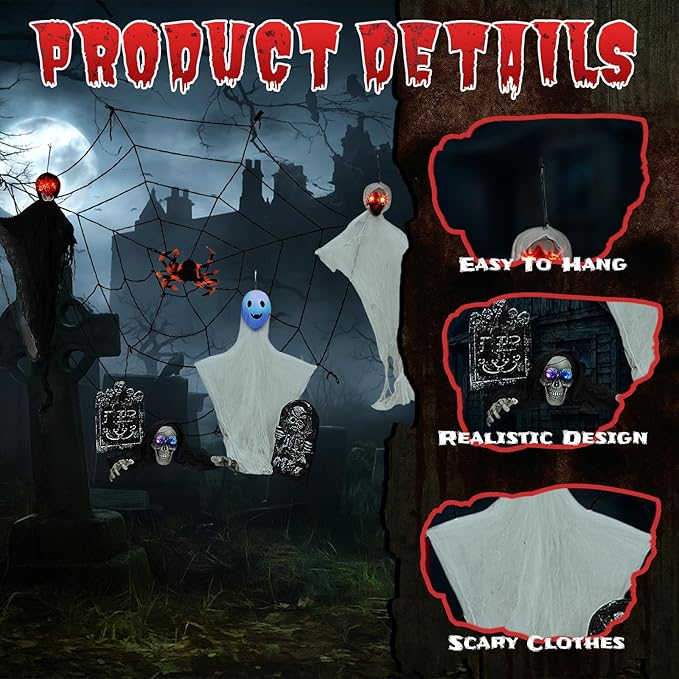 VINGLI Halloween Hanging Decorations, Flying Skeleton Reapers Ghosts, Spiders & Spider Webs, Tombstones with RIP Sign, with Lighted Up Eyes, 8 Pack for Indoor Haunted House Party Outdoor Graves Garden