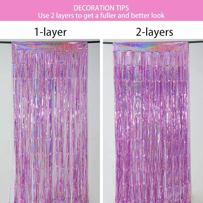 Melsan 3 Pack 3.2 x 8.2 ft Sparkling Pinkish Purple Tinsel Fringe Curtain Backdrop k pop Demon Hunters Party Decorations Glitter Decor for Birthdays, Bachelorette, Weddings, Photo Booth