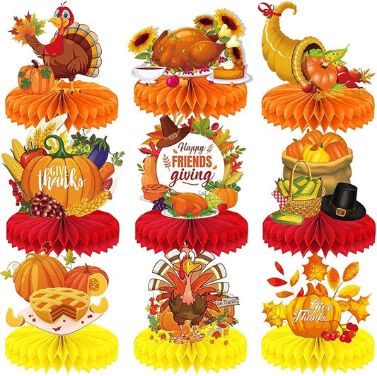 Thanksgiving Table Decorations Centerpieces 9pcs Friendsgiving Table Decorations Fall Centerpieces Turkey Centerpieces for Tables Thanksgiving Honeycomb Table Decorations for Fall Pumpkin Party