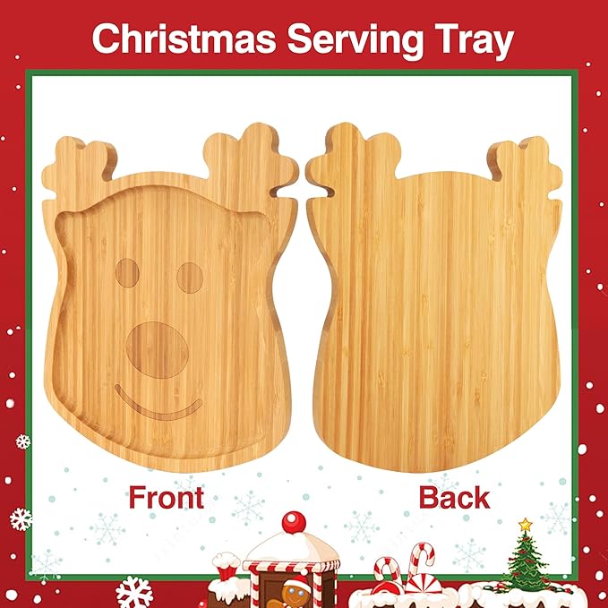 Christmas Serving Tray, Reindeer Shape Charcuterie Board, Bamboo Serving Platter Dish for Holiday Party Food Tray for Cheese Snack Fruit 10 x 8.7 x 0.6 Inches