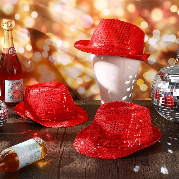Janmercy 12 Pieces Western Sequin Hat Glitter Solid Color Dance Hat Retro Disco Unisex Costume Cap for Party Props Supplies