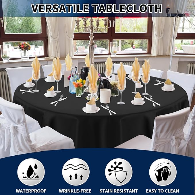 PureFit 10 Pack Round Black Table Cloths 120 Inch for Round Tables, Stain and Wrinkle Resistant Table Linens for Home Use, Wedding, Party, Banquet and Camping
