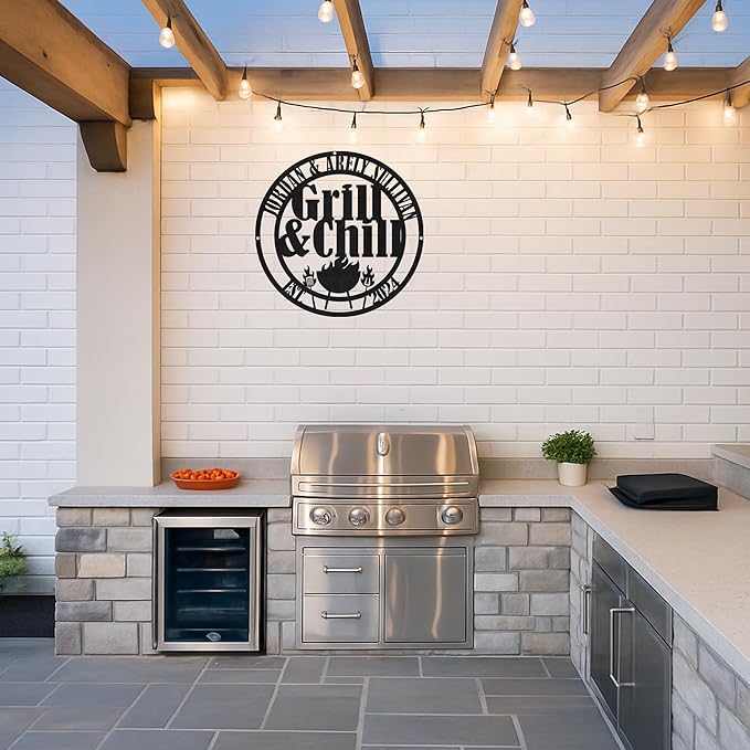 Custom BBQ Grill Metal Sign Personalized Name Wall Art for Outdoor Barbecue Patio Kitchen Backyard Decor Gift for Dad Husband Men Papa Grandpa Father Grilling Enthusiasts Family Lover Funny Gifts 18