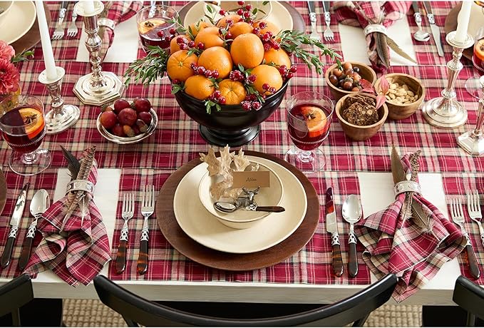Solino Home Linen Table Runner 36 Inches - 100% Pure Linen Burgundy Tartan Plaid Short Table Runner 14 x 36 Inch Ideal for Dresser and Coffee Tables - Christmas, Xmas
