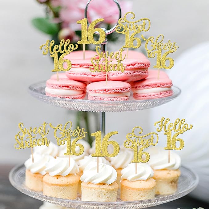 30PCS Happy 16th Birthday Cupcake Toppers Glitter Sweet Sixteen Hello 16 Cupcake Picks Cheers to 16 Birthday Decorations for 16th Birthday Anniversary Party Cake Decoration Supplies Gold